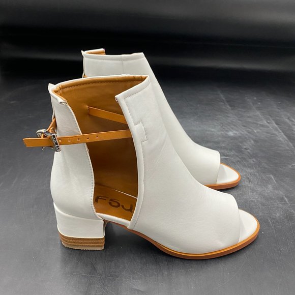 A FSJ White Peep Toe Boot Cut Out Buckle Block Low Heeled Ankle Bootie - Picture 4 of 7